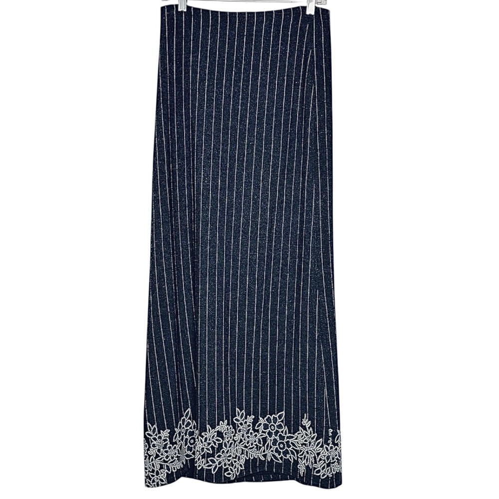 Vintage Le Chateau Pinstripe Wrap Maci Skirt with Floral Hem